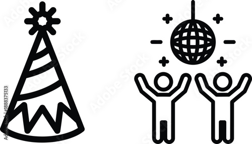 black and white illustration of people dancing under disco ball and party hat