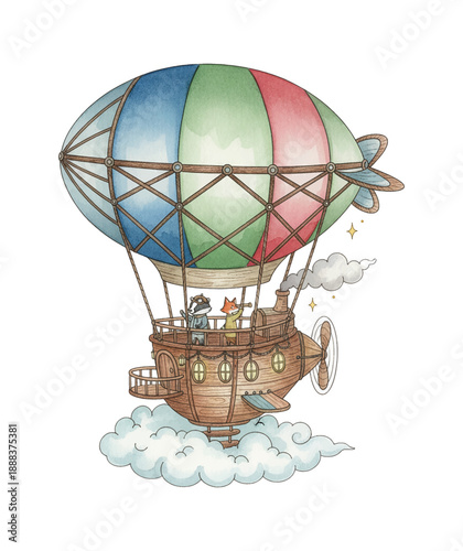 Whimsical animals flying an adventurous steampunk airship above the clouds exploring sky with joy