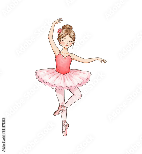 Fair skinned ballerina girl gracefully dancing ballet in a pink tutu with eyes closed peaceful pose