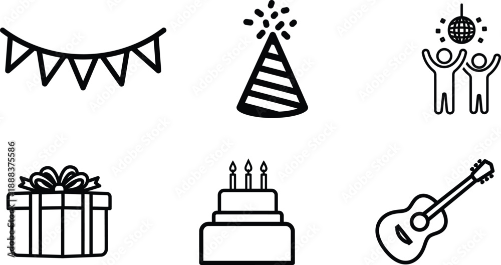 Naklejka premium Party icons including banner gift and cake