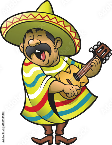 Cartoon bear in sombrero and poncho playing a guitar A cartoon bear wearing a sombrero and a colorful poncho playing a guitar with a festive and lively atmosphere