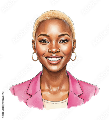African American woman with short blonde hair and hoop earrings smiling cheerfully in a pink blazer looking happy