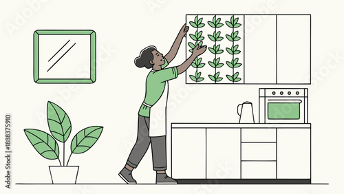 Urban Gardening at Home: A woman tends to a vertical garden in her kitchen, surrounded by minimalist decor and a touch of nature.