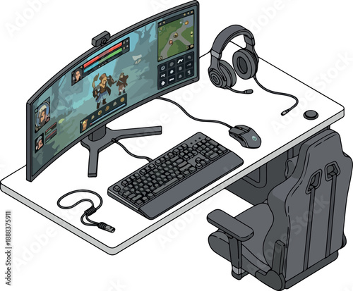 Gaming Setup Illustration with Curved Monitor, Keyboard, Mouse, and Headset on a Desk