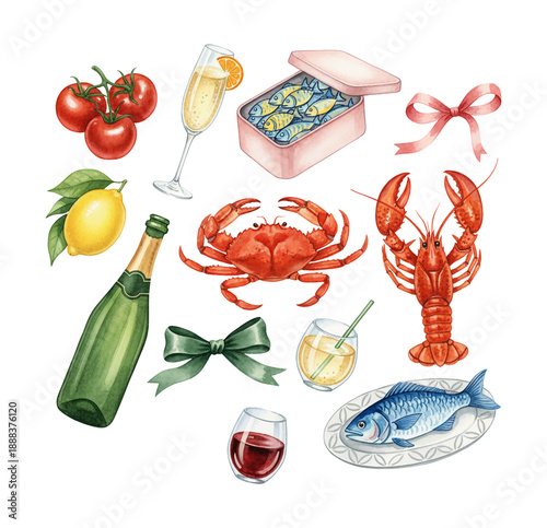 Vibrant watercolor collection of fresh seafood crabs lobster fish tomatoes lemon and festive drinks
