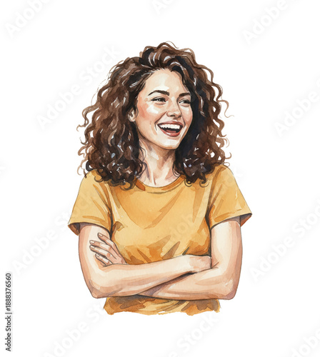 Happy Mediterranean Woman with Curly Hair and Broad Smile Crossing Arms Wearing Yellow TShirt Looking Aside Cheerful Illustration