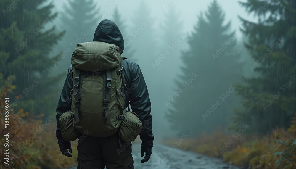 custom made wallpaper toronto digitalMan with large backpack walks forest path in rain. Traveler in hood with outdoor gear hikes on wet dirt road surrounded by trees. Autumnal hike, moody atmosphere, solitary journey.