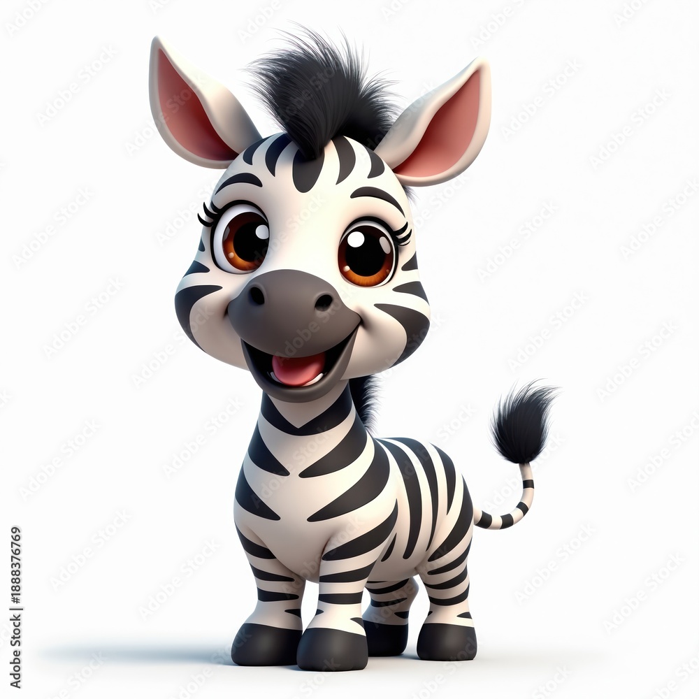 Fototapeta premium Cute cartoon zebra with big eyes, smile stands on white background. Playful character perfect for children books, games, animations. Friendly expression invites engagement. Also great for zoo