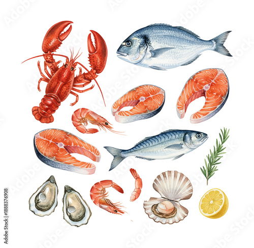 Fresh seafood platter watercolor illustration with lobster fish salmon shrimp oyster scallop rosemary and lemon on white background