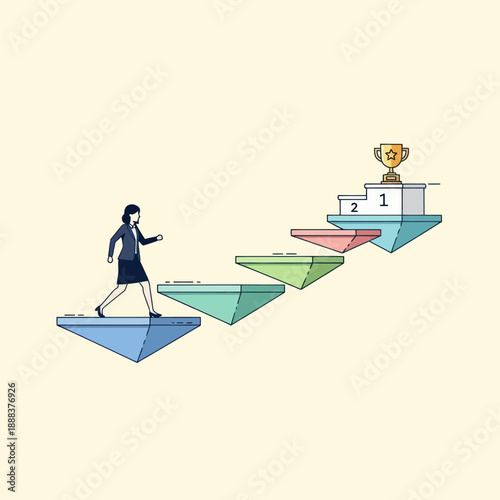 Woman Walking Towards Trophy on Podium.