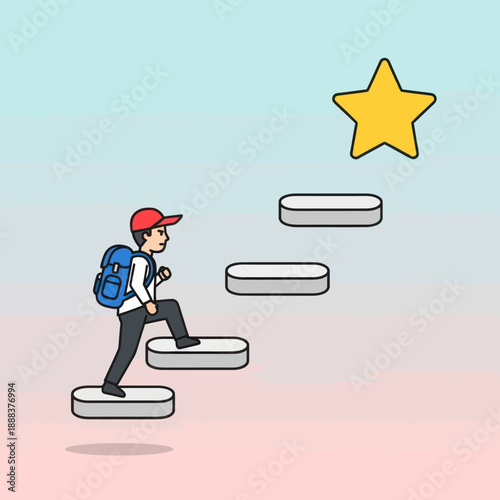 Cartoon Man Climbing Steps Towards Star.
