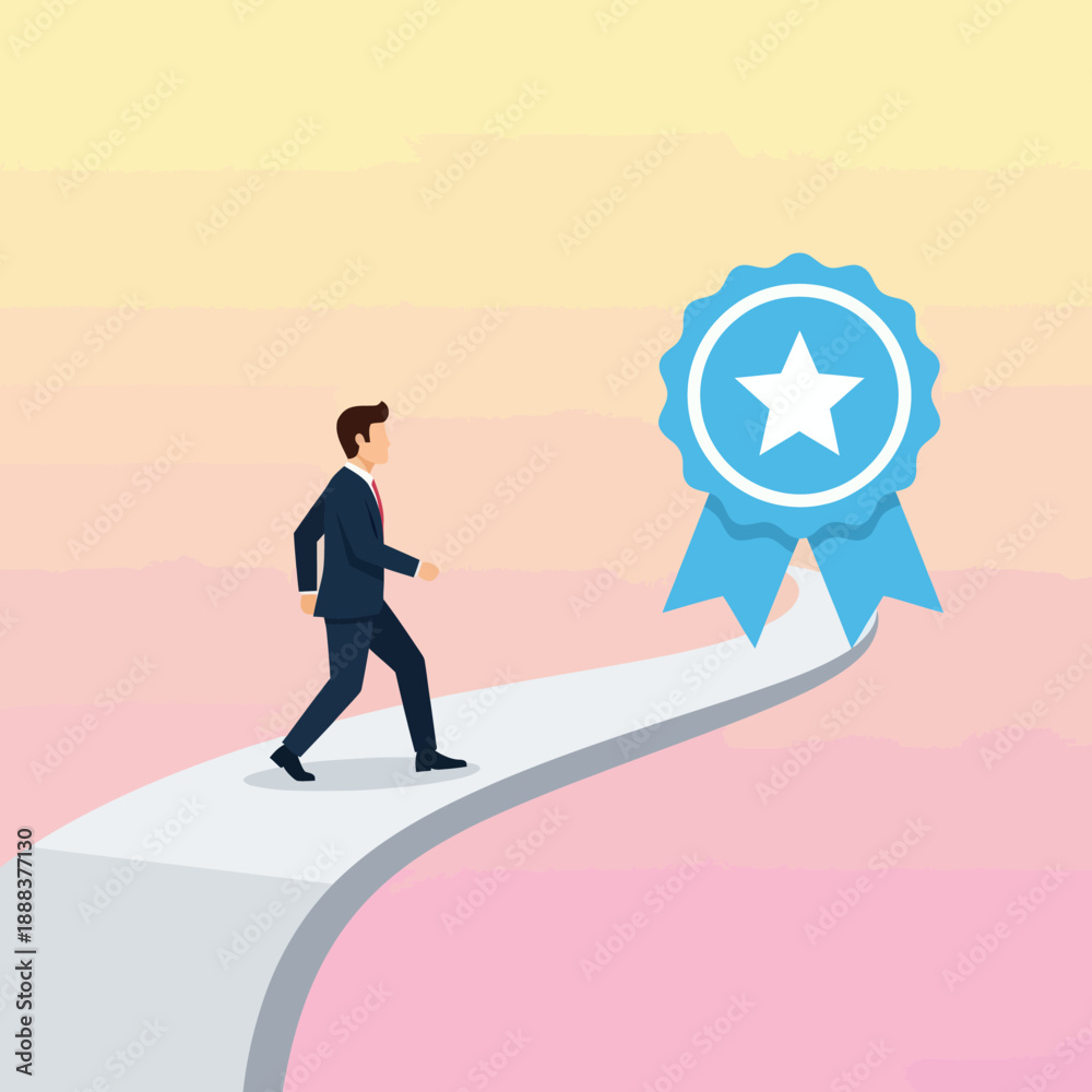 Obraz premium Man Walking Towards Blue Ribbon Award.