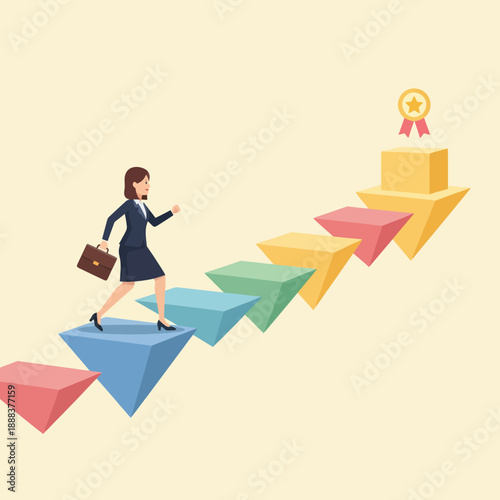 Businesswoman Climbing Stairs to Success Trophy.