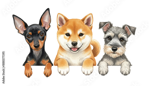 Three adorable watercolor puppies peeking over a white border with happy and curious expressions