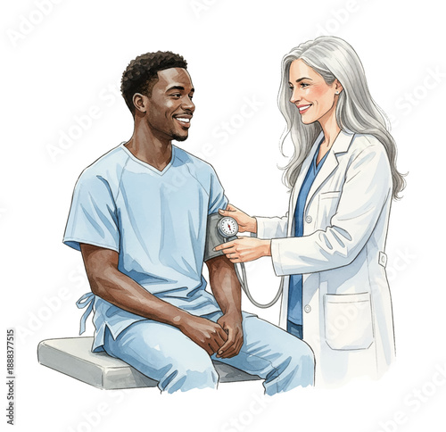 Happy African American man getting a friendly blood pressure checkup from a smiling Caucasian doctor