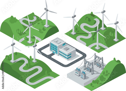 Sustainable Energy Landscape Wind Turbines and Power Grid Illustration