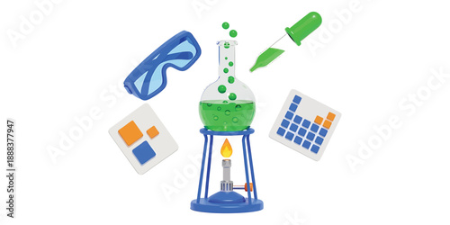 Science Experiment Flask with Green Liquid, Burner, Pipette, Goggles  Periodic Table