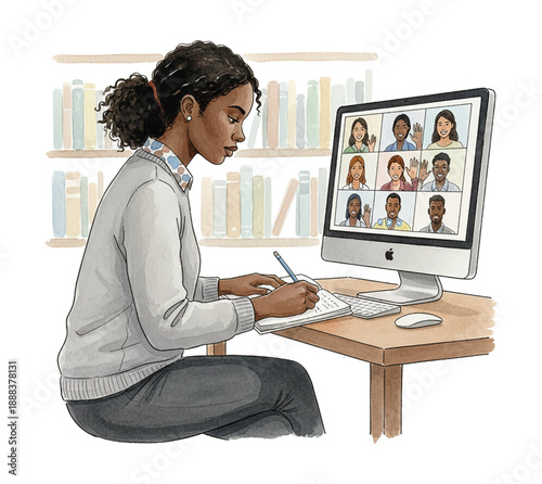 Focused African American Woman Taking Notes During an Online Video Conference Call with Diverse Participants in a Remote Learning Environment