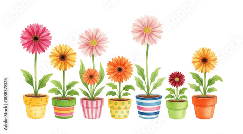 A delightful row of vibrant watercolor potted flowers with colorful pots and blooming petals