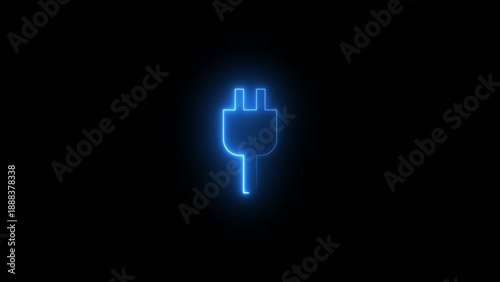 Glowing blue electric plug with two prongs and a rounded on a dark Generate title without using the word 