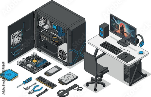 Isometric PC Building Scene Components and Setup