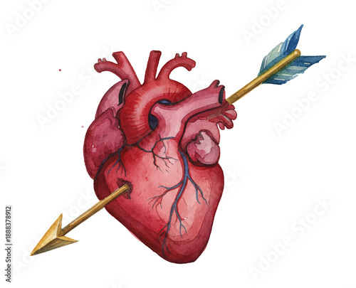 Anatomical human heart pierced by a golden arrow depicting love or heartache in watercolor painting style