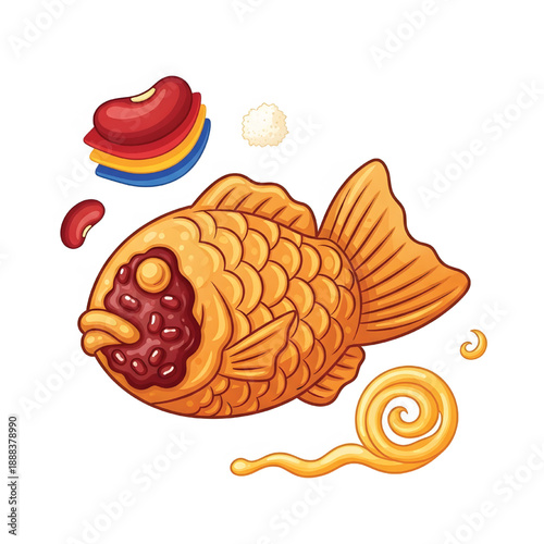 Delicious Japanese Taiyaki fish-shaped cake illustration with sweet red bean paste filling, a popular traditional street food dessert, isolated on a white background