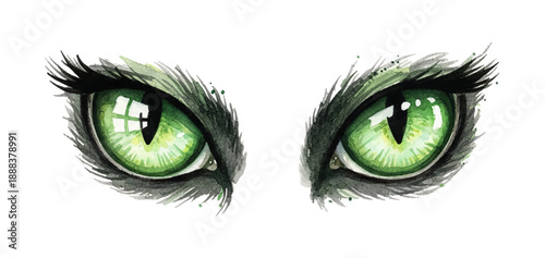 Intense Green Cat Eyes with Dark Furry Brows and Bright Vertical Pupils Staring Mysteriously on White Background