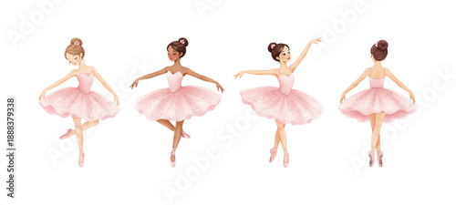 Four graceful young multi ethnic ballerinas dancing happily in pink tutus with dreamy expressions performing ballet
