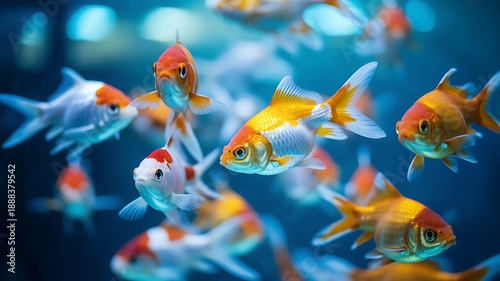 Several goldfish swimming in clear blue water in an aquarium