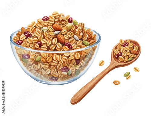 Delicious Granola Cereal with Oats Almonds and Dried Berries in a Glass Bowl and Wooden Spoon Healthy Breakfast Food