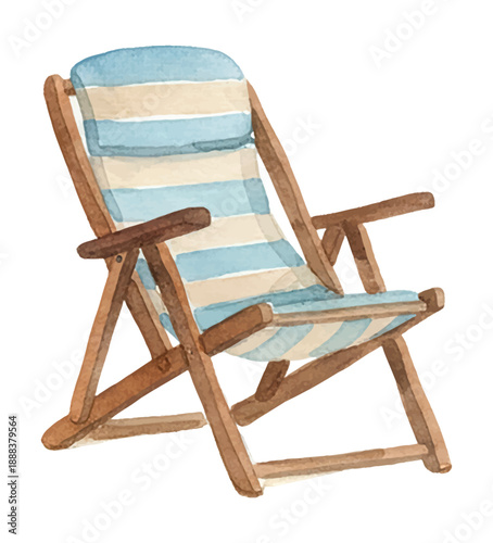Striped beach chair on sand in a peaceful watercolor illustration style perfect for summer holiday relaxation