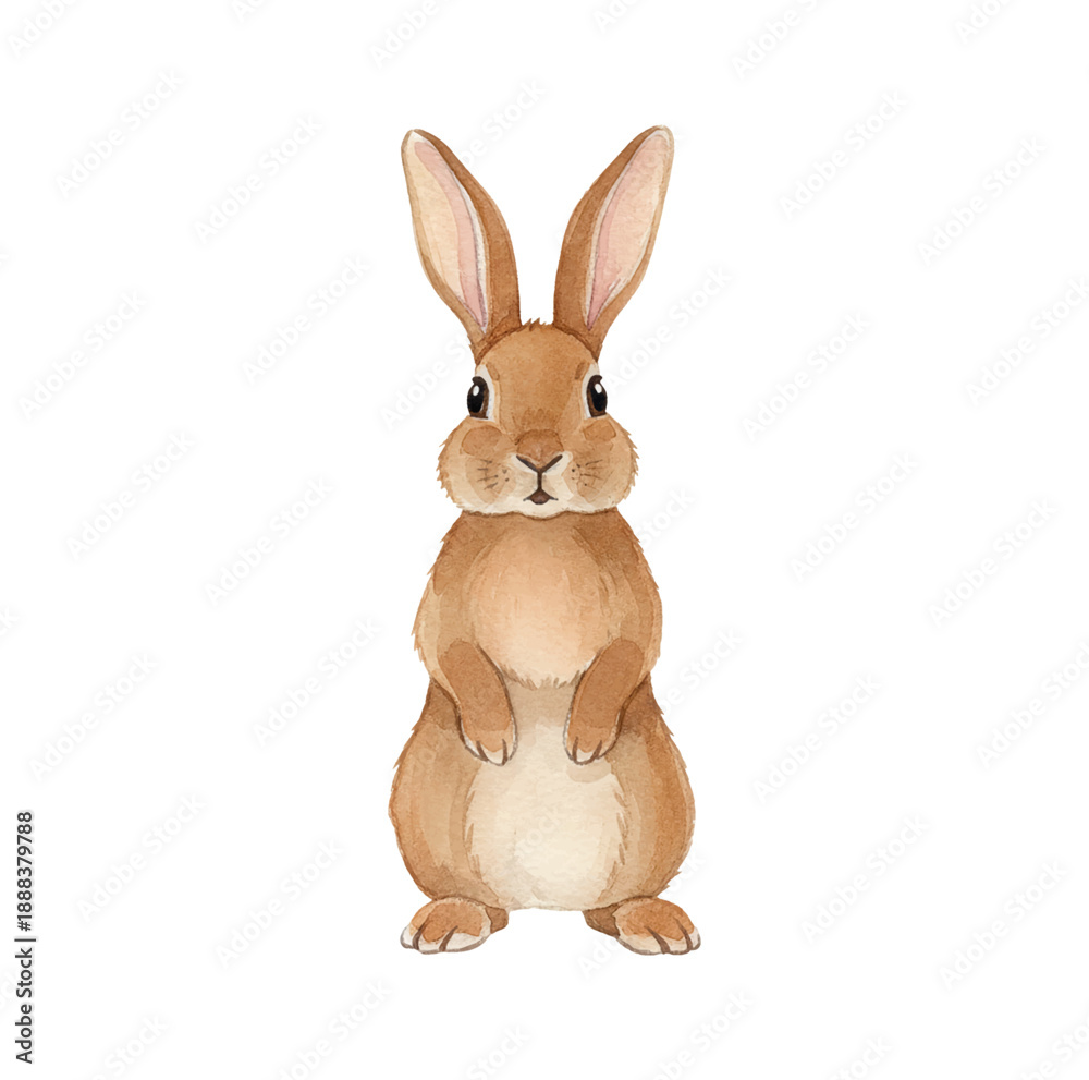 Fototapeta premium Cute brown rabbit standing upright with big ears and a neutral expression in a lovely watercolor painting