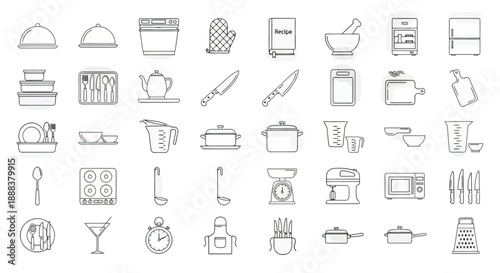 A clean and modern set of cooking icons in minimalist line style with editable strokes, perfect for food apps, recipe blogs, kitchenware packaging, and culinary