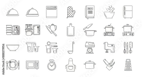 A clean and modern set of cooking icons in minimalist line style with editable strokes, perfect for food apps, recipe blogs, kitchenware packaging, and culinary