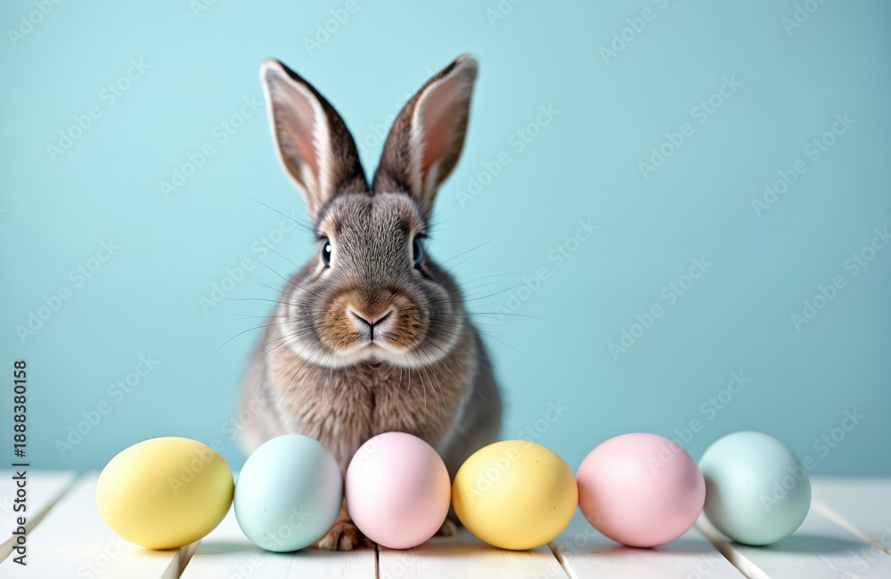 Fototapeta premium A cute bunny sits on a white wooden surface with pastel colored eggs in front of it against a bright blue background. It is a festive Easter scene with spring vibes and playful animals.