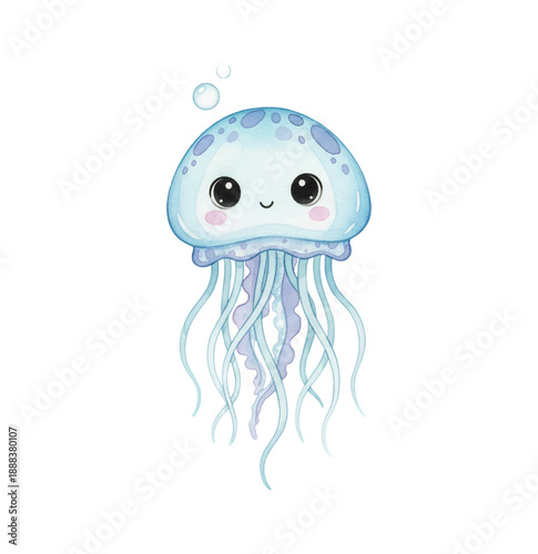 Adorable Blue Jellyfish Character Smiling Happily Underwater with Floating Bubbles Cute Marine Life Watercolor Art