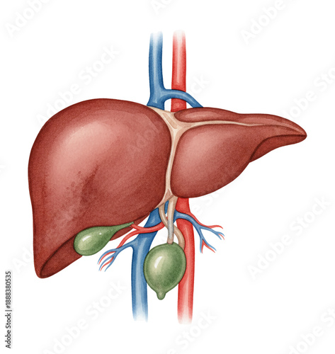 Human Liver Anatomy Detailed Illustration with Blood Vessels and Gallbladders on White Background Medical Study