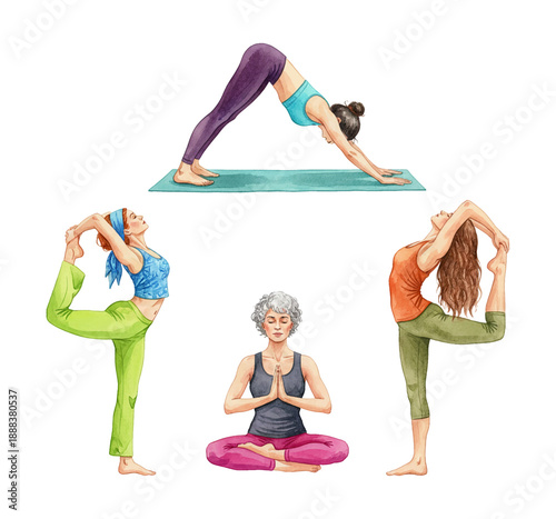 Four Caucasian women of different ages performing various yoga and meditation poses with calm focused expressions