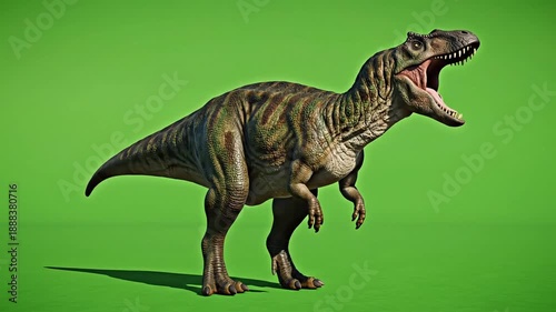 Tyrannosaurus Rex roaring, 3D render of a T-Rex dinosaur with open mouth, isolated on green screen background