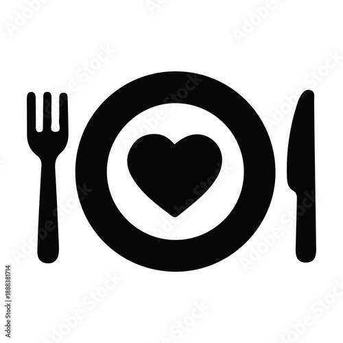 Vector graphic icon featuring a heart on a dinner plate, flanked by a fork and knife, symbolizing a love for food, healthy eating, and joyful culinary experiences