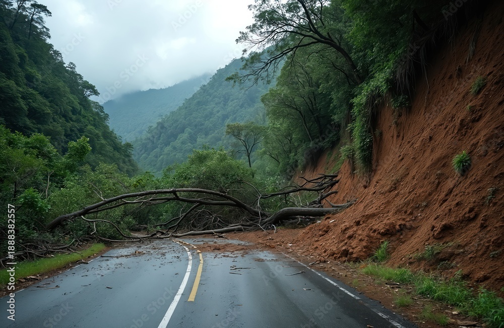 Obraz premium Fallen trees and mud slide block mountain road after storm. Wet asphalt, green forest, overcast sky, natural hazard, travel obstacle, emergency situation.