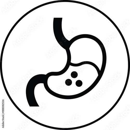 Stomach icon medical illustration showing digestive system symbol in black and white circle design for healthcare anatomy diagnosis gastroenterology concept vector flat minimal