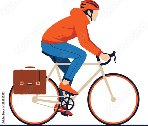 Modern male cyclist commuting to work on a bicycle wearing a helmet and carrying a professional brown briefcase, promoting sustainable urban transport and active lifestyle
