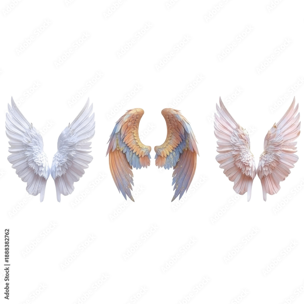 Fototapeta premium Angelic feathered wings collection, 3 pairs of white and pastel angel wings, ethereal bird wing set for photo manipulation and digital art