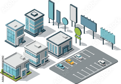 Isometric Cityscape Buildings, Parking, and Signage Illustration