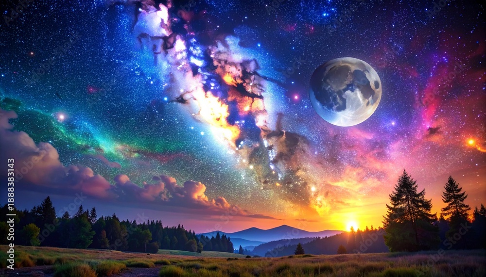 Naklejka premium Cosmic Fantasy Landscape with Glowing Aurora, Moon, and Silhouetted Trees at Night