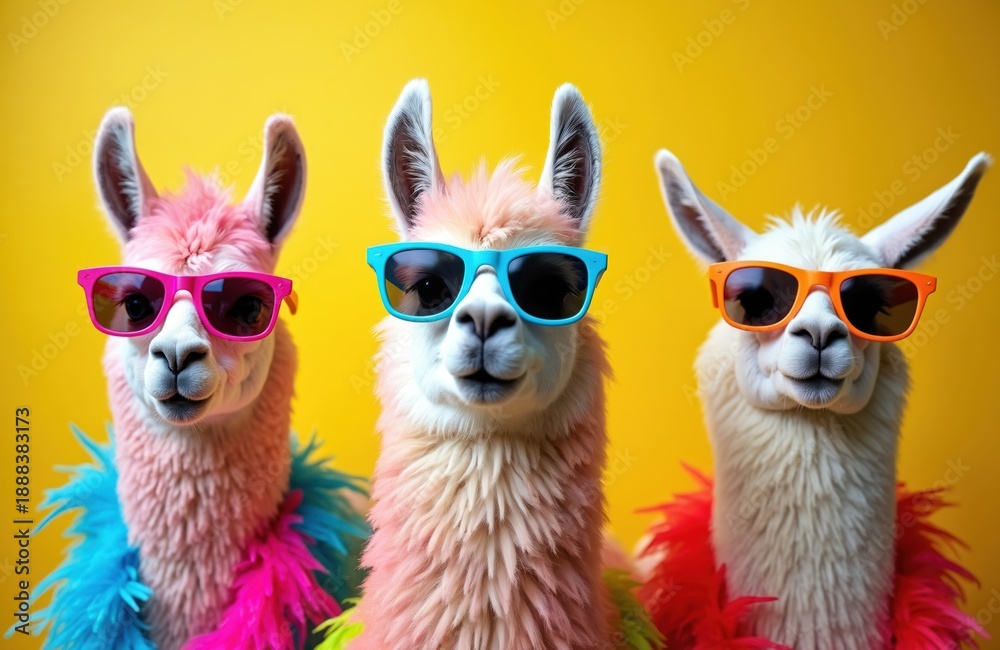 Fototapeta premium Three llamas wear colorful feather boas and sunglasses. They stand against a bright yellow background ready for a party. One llama has pink fur, another light orange, and the third white.