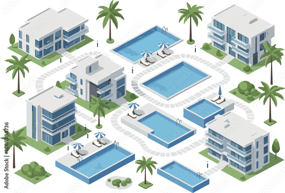 Fototapeta premium Isometric View of a Resort with Pools, Villas, and Palm Trees