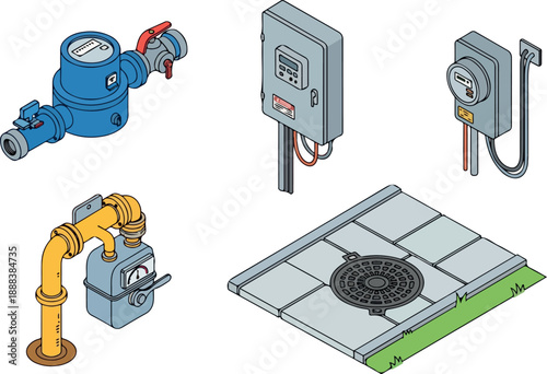 Isometric Utilities Water, Electric, and Gas Meters Illustration